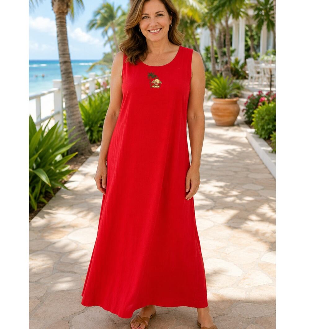 Tropical Escape Red Linen Blend Maxi Dress Island Chic Embroidered Tiki Size 14
